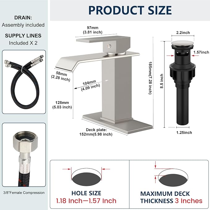 Midanya Waterfall Bathroom Sink Faucet 1 Hole,Brushed Nickel | with cUPC Hoses,Pop Up Drain,Deck Plate,for 1 or 3 hole sink,Vanity,RV,Lavatory,Basin,Farmhouse,Stainless Steel,Single Handle