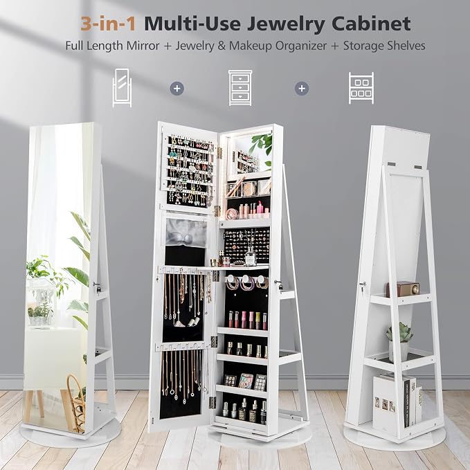 CHARMAID 360° Swivel Jewelry Armoire with Full Length Mirror, Rear Storage Shelves, Lockable Standing Jewelry Cabinet Organizer with Interior Vanity Mirror and 3-Color Lights (White)