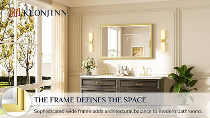 Keonjinn 48" x 30" Gold Bathroom Mirrors, HD Tempered Glass, Aluminum Alloy | Beveled Edge Mirror, Effortless French Cleat Installation, Rustproof, Metal Framed Gold Vanity Mirror for Wall, Living Room