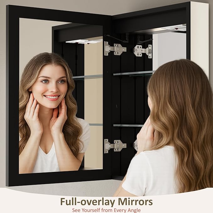 14x24 Inch Medicine Cabinet with Lights, Recessed or Surface Mount Bathroom LED Medicine Cabinet with Mirror, Anti-Fog, Adjustable Shelf, Dimmable Light, Outlets & USB,ETL Listed, Left Hinge,Black