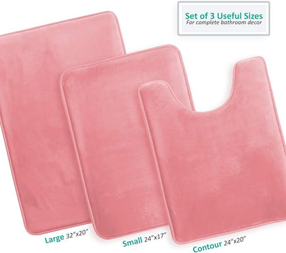 Clara Clark 3 Piece Bathroom Rugs Bath Mat Set, Velvet Memory Foam Bath Mats for Bathroom - Non-Slip, PVC Backing Bath Rugs, Washable - Dries Quickly, Pink