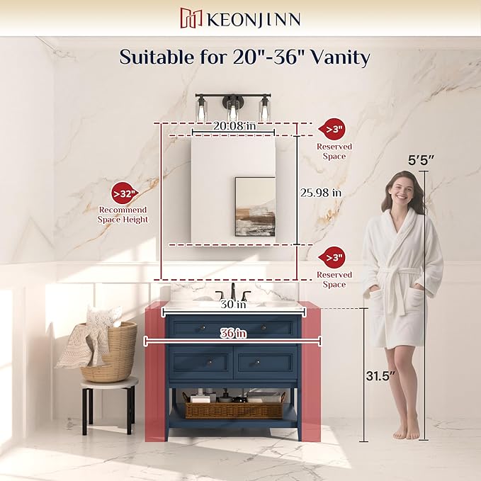 Keonjinn Black Medicine Cabinet with Mirror 20" x 26", Lightweight Aluminum | Assembly Required, Adjustable Shelves, Safe Tempered Glass, Wall Mount or Recessed, Soft Close, Bathroom Mirror with Storage