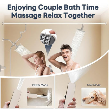 Dual Shower Head for Couples with 6-Mode Diverter, Brushed Nickel | 304 Stainless Steel, Adjustable High Pressure Double Shower Head, Couples Gift, Renter-Friendly, Fits 53"-74" Wide Bathrooms