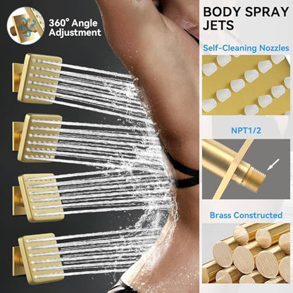 Brushed Gold Shower System with Body Jets, STARBATH 12" Rainfall Shower with 2 in 1 Handheld and 4 Body Jets, Can Use All at Once, Push Button Complete Shower Set with Valve and Trim Kit