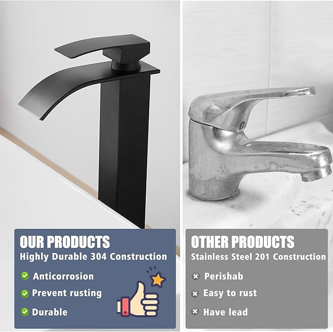 RUMOSE Tall Bathroom Faucet Matte Black Vessel Sink Faucet with Pop Up Drain Modern Single Handle One Hole Waterfall Vanity Tap, Stainless Steel