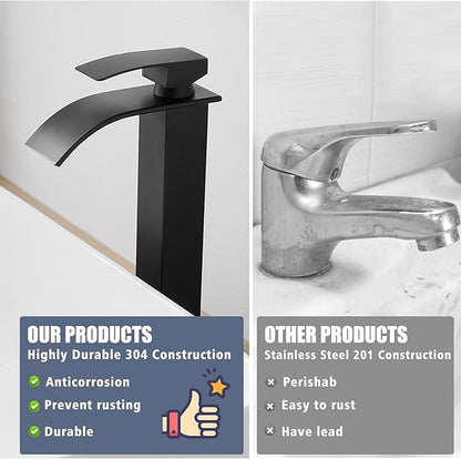 RUMOSE Tall Bathroom Faucet Matte Black Vessel Sink Faucet with Pop Up Drain Modern Single Handle One Hole Waterfall Vanity Tap, Stainless Steel