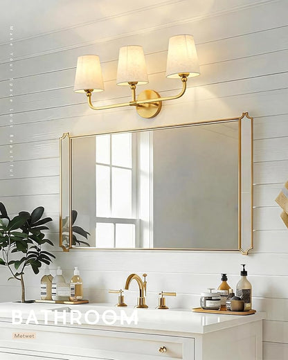 3-Light Bathroom Light Fixtures, Brushed Gold Vanity Lights with Linen Fabric Shade, Modern Sconces Wall Lighting for Hallway Bedroom, Upward Lighting, VL837-BG-A-3