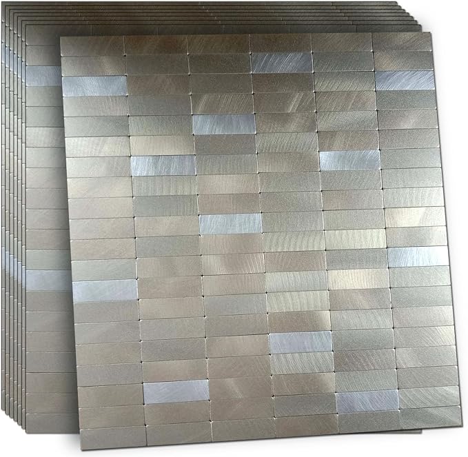 XUANINY Peel and Stick Tile Backsplash Self- Adhesive Wall Tiles Aluminum Mosaic Sticker for Kitchen (11.33"x11.92" Per Sheet, Pack of 8 pcs) (Frosted Champagne+Frosted Silver 8)