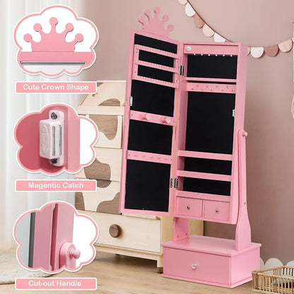 GarveeHome Kids Jewelry Armoire,Child Jewelry Cabinet with Led Light,Freestanding Jewelry Organizer with Full Length Mirror&Storage Drawers,Kids Vanity Dress Up Mirror Jewelry Cabinet for Girls(Pink)