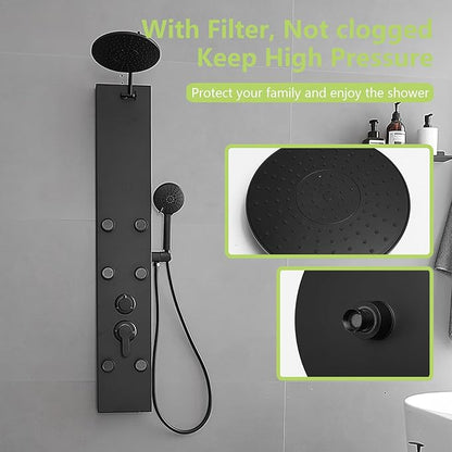 Black Shower Panel Tower System with Rainfall Shower Head, 304 Stainless Steel Shower Panels System with 9-inch Rainfall Shower 6 Rain Massage Body Jets for Bathroom Lavatory Wash