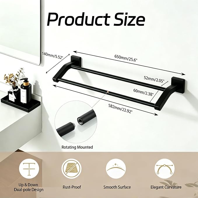 Alise 24" Double Towel Bar, Towel Racks for Bathroom, Matte Black | SuS304 Stainless Steel Bathroom Towel Rack Wall Mounted, Rust Resistant, Quick Drying, Useable Length 22.9"