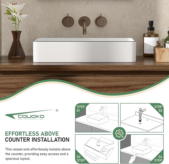 Bathroom Vessel Sink 24x14 inch Above Counter Rectangular White Ceramic Countertop Vessel Sink for Cabinet Lavatory Vanity 24" x 14"