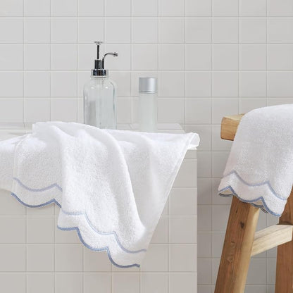 Peri Home 100% Cotton Hand Towel for Bathroom, Embroidered, Soft & Absorbent, 500 GSM, 1 Piece, 16" x 27", White with Blue Scallop | Bathroom, Embroidered, Soft & Absorbent