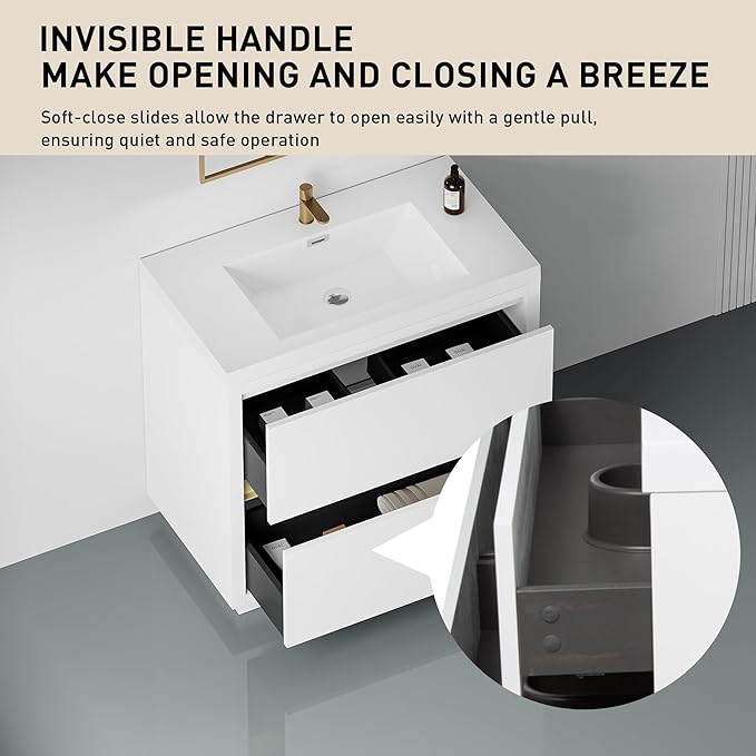 36 Inch Bathroom Vanity with Sink, Single Sink Bathroom Vanity, Freestanding Vanity Bathroom Soft Closed 2 Drawers, Integrated Sink (Glossy White)