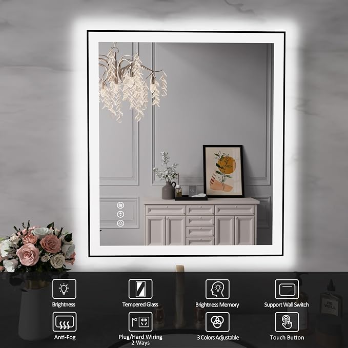 28x32 Inch LED Bathroom Mirror with Black Frame | Black Metal Frame, Front and Backlit, 3 Colors, Dimmable, Memory, Anti Fog, Tempered Glass, Lighted Mirror for Wall