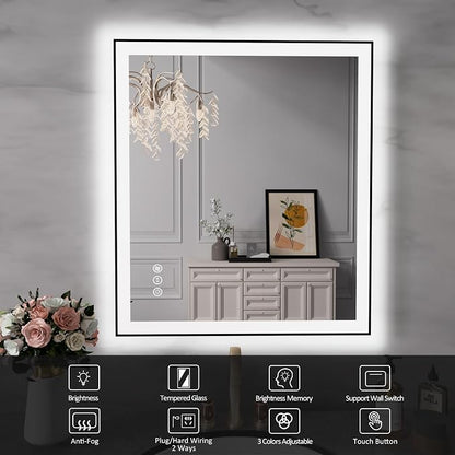 28x32 Inch LED Bathroom Mirror with Black Frame | Black Metal Frame, Front and Backlit, 3 Colors, Dimmable, Memory, Anti Fog, Tempered Glass, Lighted Mirror for Wall