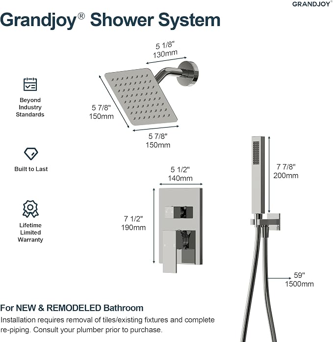 Wall Mount Shower System with Handheld Shower, Polished Chrome | 6-inch rain head, pressure-balanced brass valve, 2-function control and included 59-inch hose