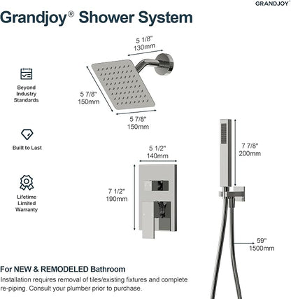 Wall Mount Shower System with Handheld Shower, Polished Chrome | 6-inch rain head, pressure-balanced brass valve, 2-function control and included 59-inch hose