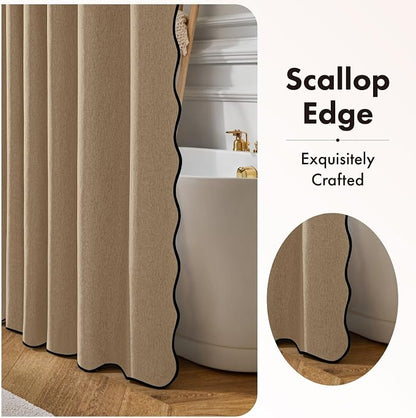 ANRODUO Khaki Scalloped Linen Textured Shower Curtain, W72 x L84 | Boho Farmhouse Shower Curtain with 12 Metal Hooks, Machine Washable Waterproof Heavy Duty Fabric for Bathroom Bathtub