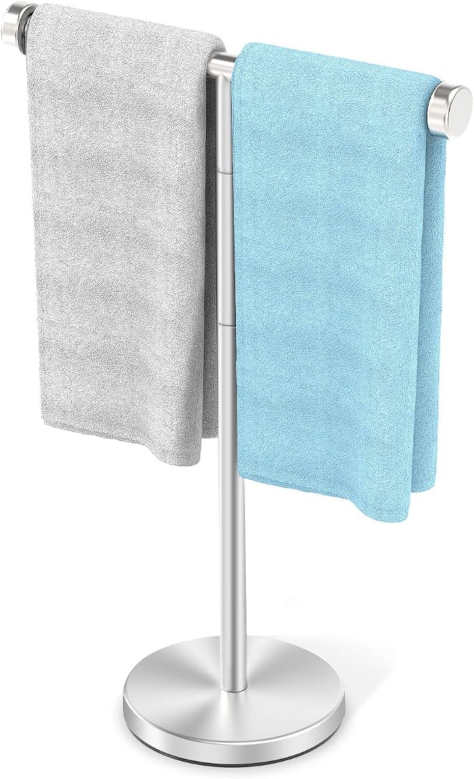 VEHHE T-Shape Hand Towel Holder Stand Height Adjustable Non-Slip-Silver | Height Adjustable 13.7"-17.7" | SUS304 Stainless Steel | Tool-Free Assembly | Removable Anti-Slip Knobs | Base 5.5"