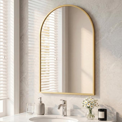Arched Gold Bathroom Mirrors for Wall, 26x38-Inch Bathroom Mirror for Over Sink, Wall Vanity Mirror with Matte Metal Frame and HD Shatter-Proof Glass for Entryway, Living Room, Bedroom