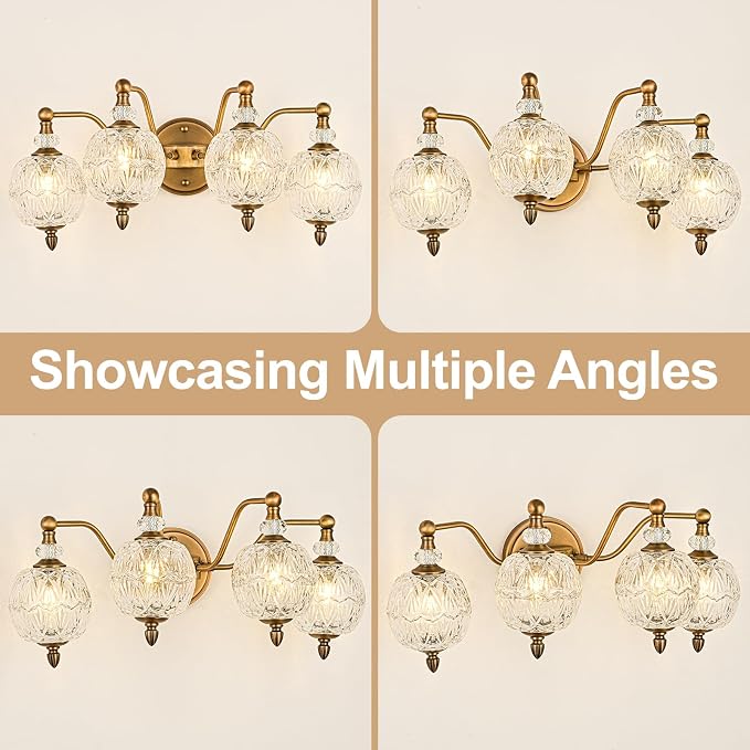 Vintage Bathroom Vanity Light, 4-Light Mid Century Matte Antique Brass Finish Wall Sconce with Globe Glass Shades, Retro Mirror Light for Bathroom, Powder Room