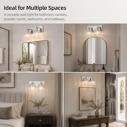 Chrome 2-Light Crystal Bathroom Vanity Light Fixture Over Mirror, Modern Bathroom Wall Light for Living Room, Bedroom, Hallway