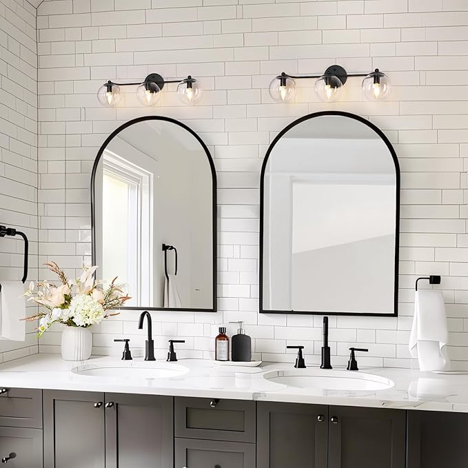 Bathroom Light Fixtures, 3-Light Black Vanity Light with Clear Glass Shade, Modern Farmhouse Wall Lamp Over Mirror