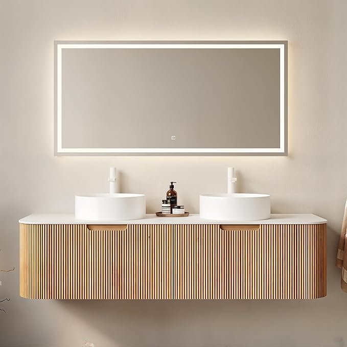 Yayzy 60" Floating Bathroom Vanity with Sink, Solid Wood Fluted Cabinet, White Round Ceramic Basin & Faux Marble Top, Soft-Close Drawer, Pre-Assembled, Natural Woodgrain