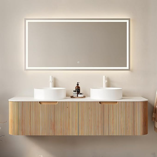 Yayzy 60" Floating Bathroom Vanity with Sink, Solid Wood Fluted Cabinet, White Round Ceramic Basin & Faux Marble Top, Soft-Close Drawer, Pre-Assembled, Natural Woodgrain