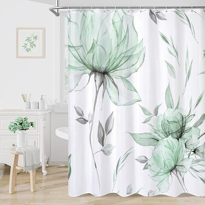 Litabel Extra Long Boho Watercolor Floral Shower Curtain 72 x 84, Green and Grey Ink Painting Style Flower Shower Curtains for Chic Elegant Bathroom, Artistic XL Fabric Cloth Shower Curtain