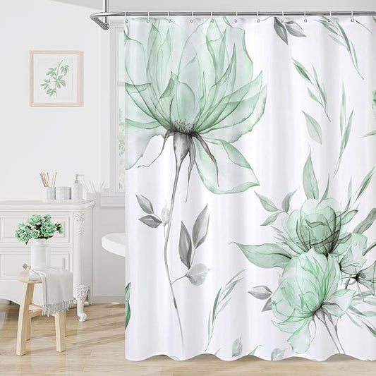 Green Boho Floral Shower Curtain, Watercolor Botanical Design, 72 x 72 | Boho Floral Design, Watercolor Ink Painting Style, Botanical Flowers & Leaves, Elegant Bathroom Accent, Fabric Cloth Curtain
