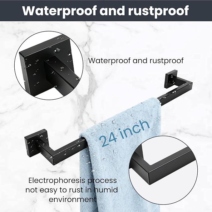 Matte Black Bathroom Hardware Set, 24 Inch Towel Bar Set for Bathroom | 2 Pack 24 Inch Bathroom Towel Bar, Modern Design, SUS304 Stainless Steel Premium Material, Wide Drying Space Towel Rack