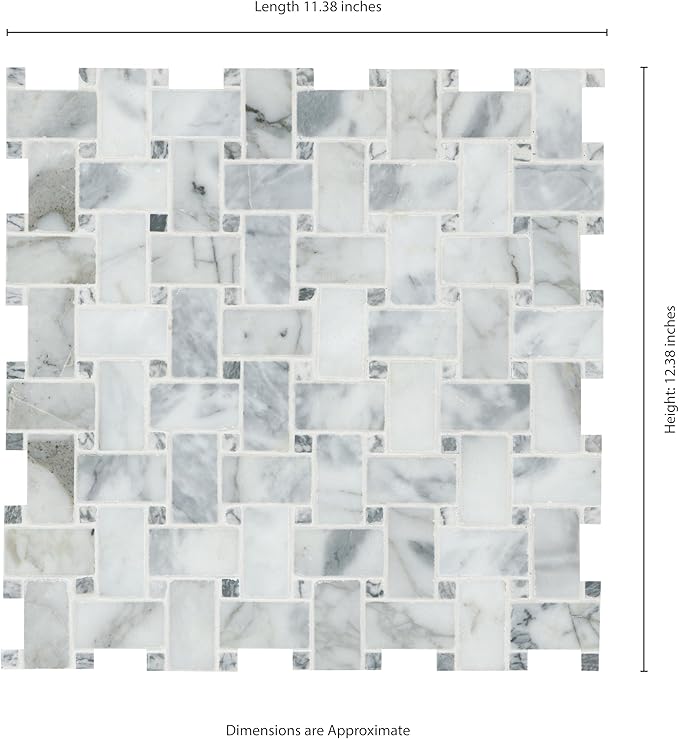 MSI Calacatta Cressa Honed Marble Basketweave Wall Tile for Kitchen Backsplash, for Bathroom, Accent, and Shower Tile, Mesh-Mounted Mosaic Tile, 12.2 x 12.2, White, 10 Piece