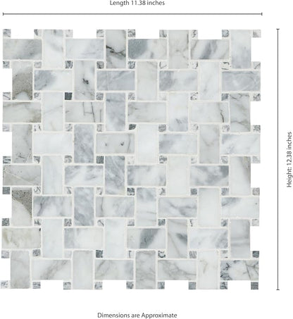 MSI Calacatta Cressa Honed Marble Basketweave Wall Tile for Kitchen Backsplash, for Bathroom, Accent, and Shower Tile, Mesh-Mounted Mosaic Tile, 12.2 x 12.2, White, 10 Piece