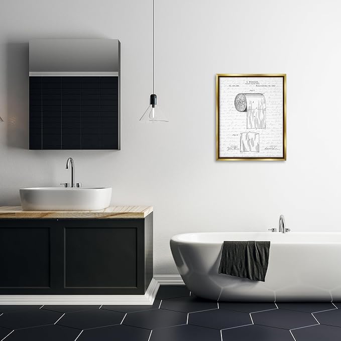 Vintage Patent Bathroom, 24 x 30 Inch Canvas in Floater Frame | Stupell Industries · By Lettered and Lined · Ready to hang · Great for bath and laundry decor · Made in USA
