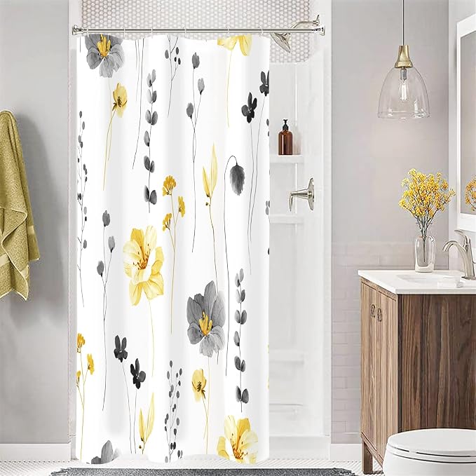Yellow Beige Watercolor Floral Fabric Shower Curtain, 36x72 | Waterproof Fabric, Modern Minimalist Floral Print, Machine Washable, Rustproof Grommets, for Bath Home, Small Stall