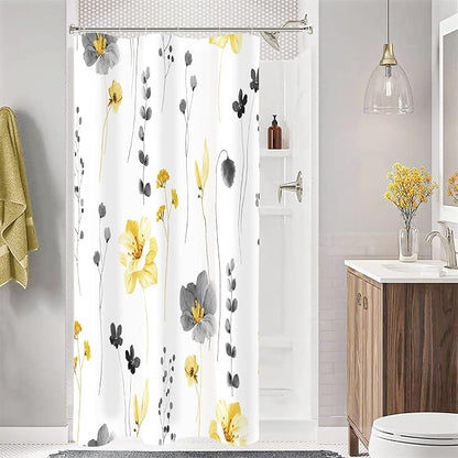Yellow Beige Watercolor Floral Fabric Shower Curtain, 60x72 | Waterproof Fabric, Modern Minimalist Floral Print, Machine Washable, Rustproof Grommets, for Bathroom Home, Stall