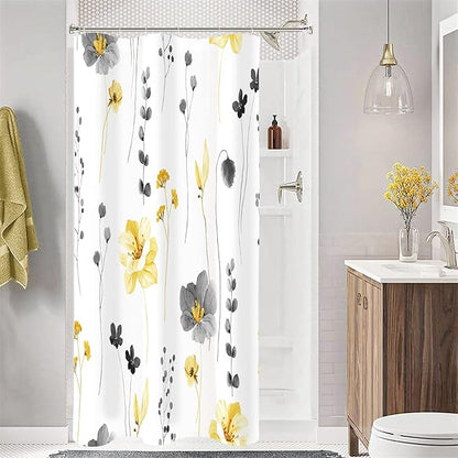 Yellow Beige Watercolor Floral Fabric Shower Curtain, 54x78 | Waterproof Fabric, Modern Minimalist Floral Print, Machine Washable, Rustproof Grommets, for Bathroom Home, Stall
