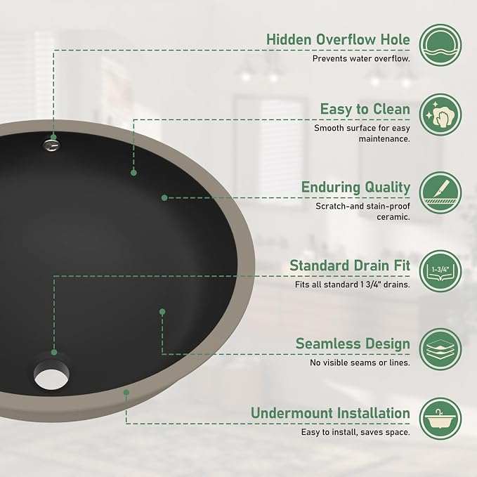 20x16 Inch Black Oval Undermount Bathroom Sink | Interior Bowl Size 17"W x 14"D, Ceramic, Curved Bottom, Easy to Clean, with Overflow, Ideal for Bathroom, Lavatory, Vanity