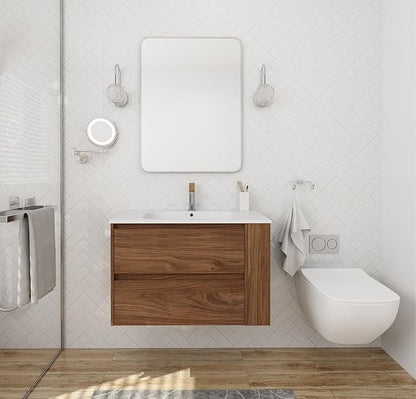 Henf 30 Inch Wall Mount Bathroom Vanity W/Sink Combo, Modern Design Vanity Cabinet with Gel Basin, Floating Mounting Bathroom Cabinet Set with 2 Drawer and Adjustable Storage Shelf,Brown