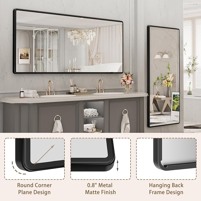 pertetey 72 x 32 in Rounded Rectangle Bathroom Mirror | Black Metal Frame, Tempered Glass, Wall Mounted