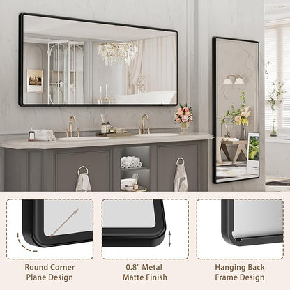 pertetey 72 x 32 in Rounded Rectangle Bathroom Mirror | Black Metal Frame, Tempered Glass, Wall Mounted