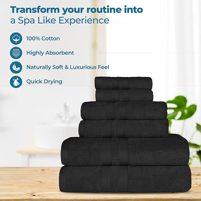 Superior Ultra-Soft Cotton Towel Set, 4 Bath Towels, 4 Hand Towels, 4 Face Towels/Washcloths, Quick-Dry, Shower, Spa Basics, Essentials, Solid, Double Line Dobby Border, 12 Piece Set, Black
