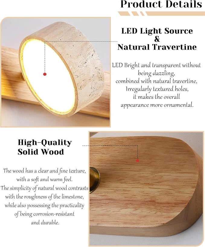 Natural Wood Vanity Light, 27.6 Inches Wabi Sabi Travertine Wall Sconce with 360° Rotatable Natural Stone Lampshade and Wooden Base Nordic Style Farmhouse Vanity Lights for Bathroom (4 Lights)