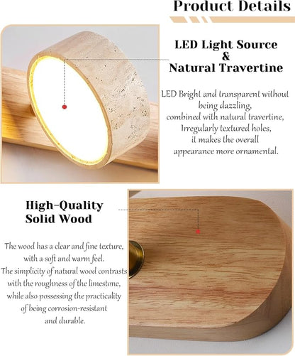 Natural Wood Vanity Light, 19.7 Inches Nordic Style Farmhouse Vanity Lights for Bathroom Wabi Sabi Travertine Wall Sconce with 360° Rotatable Natural Stone Lampshade and Wooden Base (3 Lights)