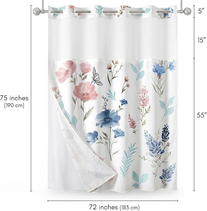 Americanflat 72x75 Hookless Shower Curtain - Water-Resistant Floral Shower Curtain with Sheer Panel, Snap-in Liner, and Grommets - 100% Polyester - Botanical Bathroom Curtains - Pink, Blue and White