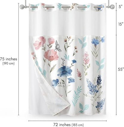 Americanflat 72x75 Hookless Shower Curtain - Water-Resistant Floral Shower Curtain with Sheer Panel, Snap-in Liner, and Grommets - 100% Polyester - Botanical Bathroom Curtains - Pink, Blue and White