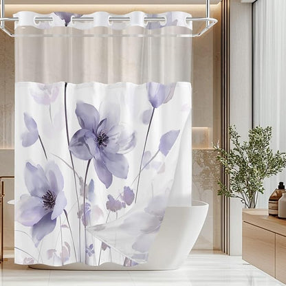 No Hook Shower Curtain and Liner Set, Purple Boho Floral 71x84 | Watercolor Boho Flower, with Snap in Liner, Waterproof, Machine Washable, Quick-Drying, for Hotel Bathroom