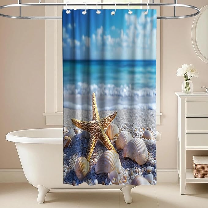 Modern Cute Beach Shower Curtain Tropical Coastal Kids Summer Seashell | Nature Shower Curtains for Bathroom, Waterproof Bath Curtain with Hooks Machine Washable Bathtub Curtains 36x72 Inch Blue
